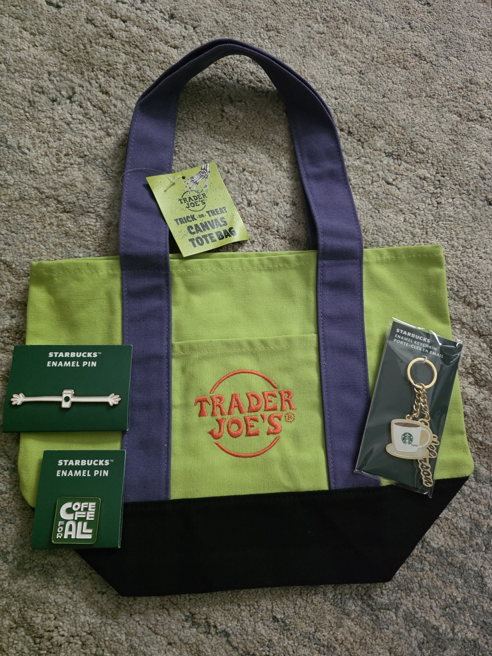 Trader Joe's Mini Green & Purple Tote With Starbucks Pin Set, Keychain